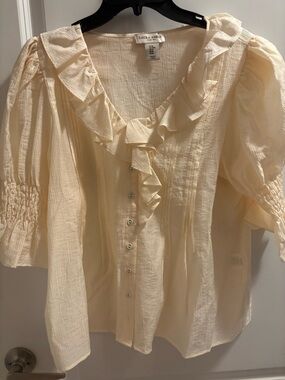 Laura Ashley Cream Ruffle-Front Button Blouse